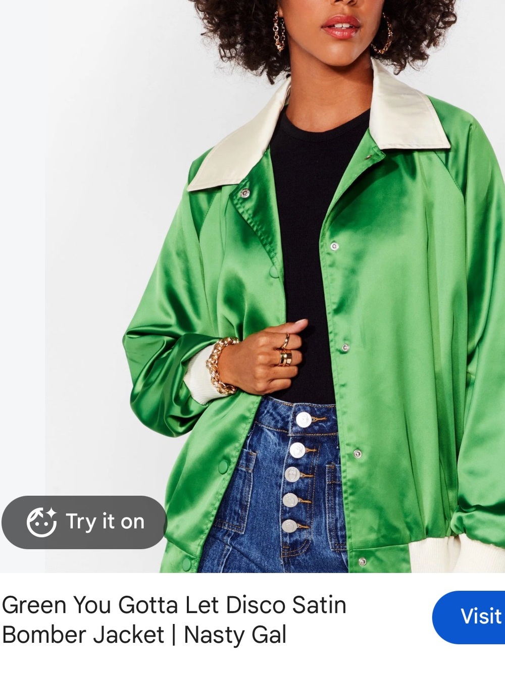 Nasty Gal Vibrant Green Satin Bomber Jacket with Cream Collar